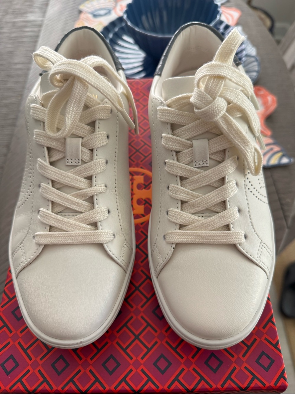 Tory Burch White Perforated Logo Leather Sneaker with Silver Heel Accent - Picture 3 of 7